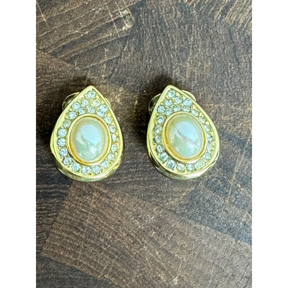 Christian Dior Gold-Tone Clip On Earrings With Faux Pearls  Rhinestones Teardrop